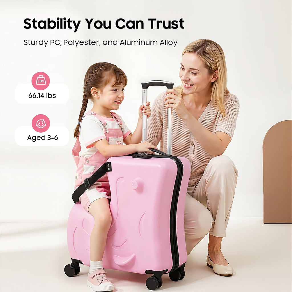 20Inch Kid Ride Suitcase, Portable Kids Travel Suitcase with Lock & Safety Belt, Floor Standing Children's Travel Trolley Case, Ride On Suitcase for Kids Aged 3-6 Years Old