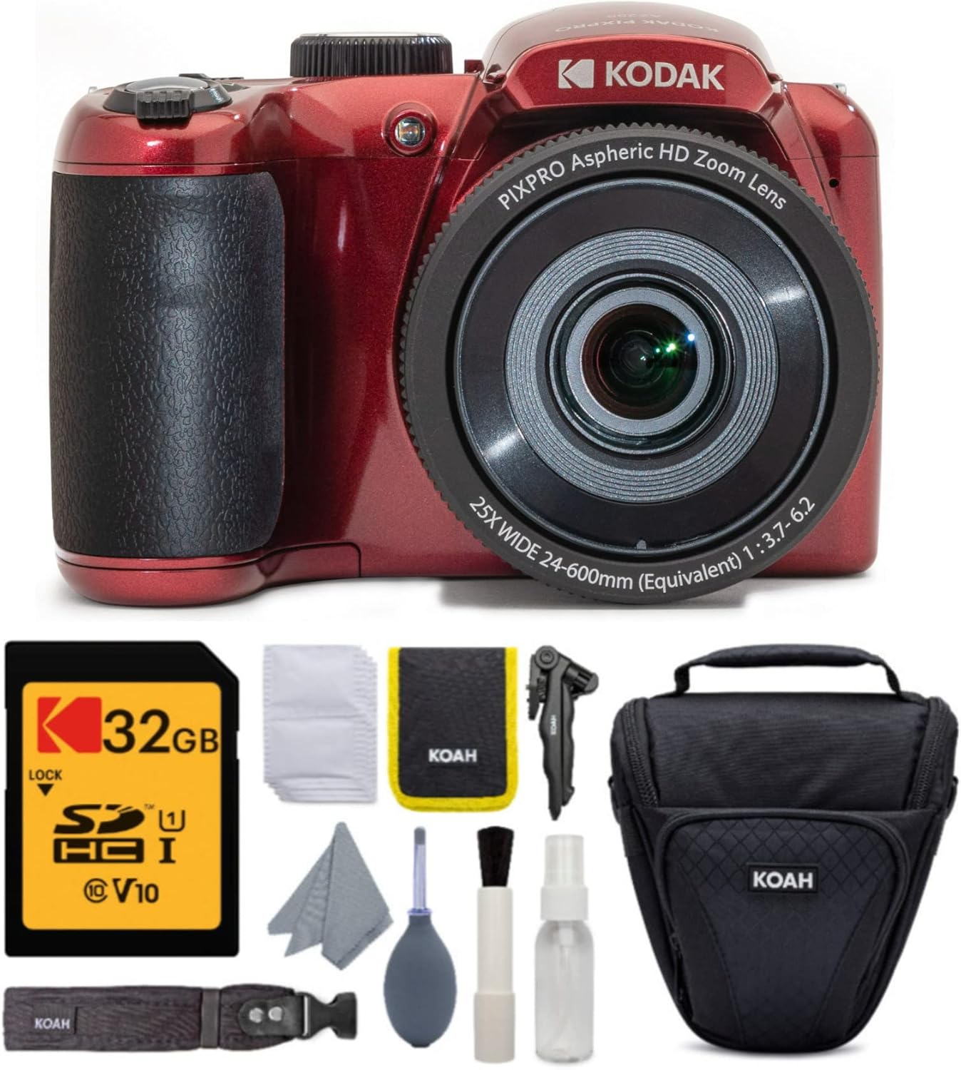 Kodak PIXPRO AZ255 Astro Zoom 16MP Digital Camera (Red) Bundle with 32GB SDHC UHS-I Memory Card, and Camera Case and Accessory for DSLR, Mirrorless, and Camcorders (3 Items)