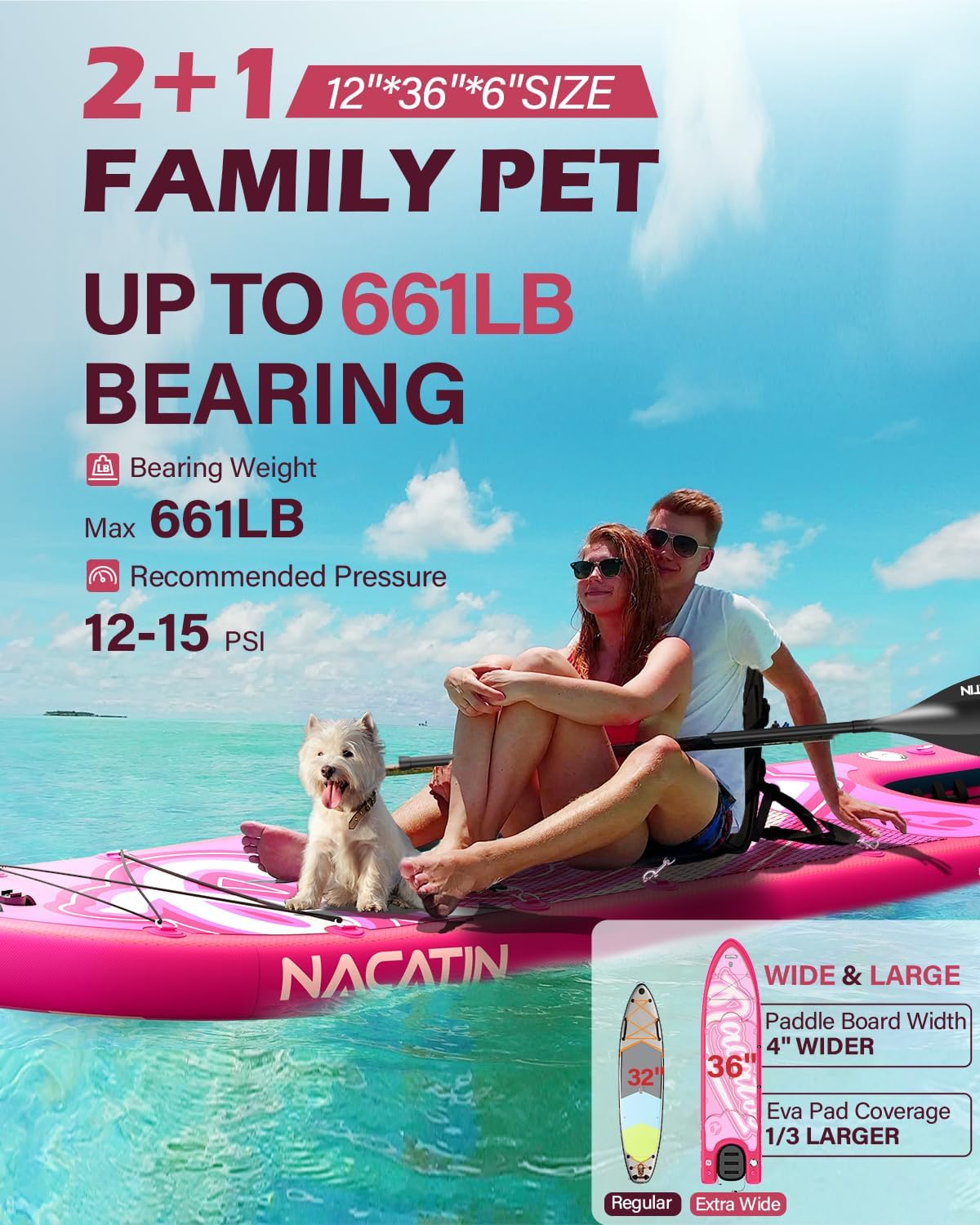 NACATIN Inflatable Stand Up Paddle Board - Premium SUP Board with Dog Ramp Kit, Complete SUP Set Paddle Boards for Adults with Single/Double Paddle, Kayak Seat, Suitable for Paddle Boarding with Dog