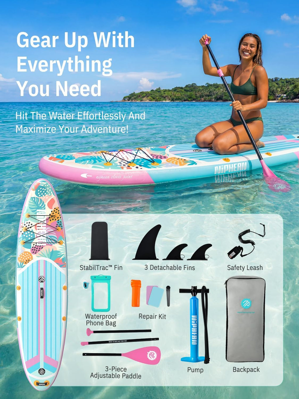 Niphean Inflatable Stand Up Paddle Board with SUP Accessories, Anti-Slip EVA Deck, 10'6'' Inflatable Paddle Boards for Adults & Youth of All Skill Levels