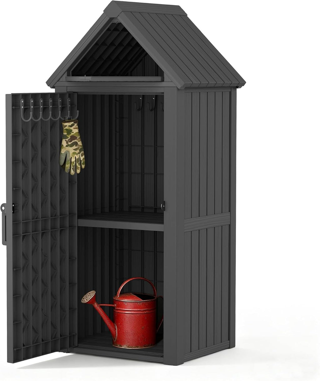 Vertical Outdoor Storage Shed, Waterproof Resin Outdoor Storage Cabinet with Removable Shelves & 12 Hooks, Lockable Small Tool Shed for Garden, Backyard, Patio, Pool, Black