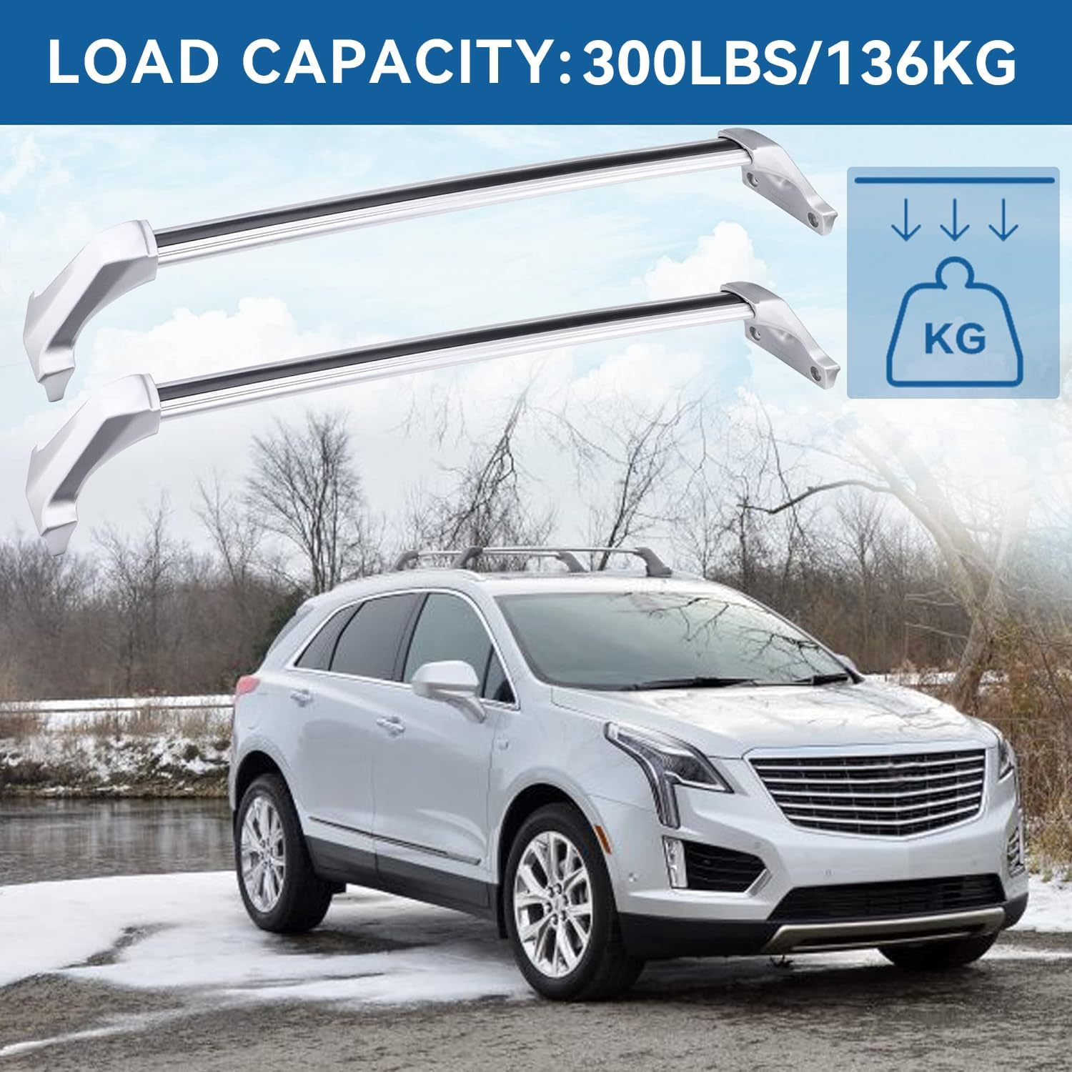 300Lbs Roof Rack Crossbars Compatible with Cadillac XT5 2017 2018 2019 2020 2021 2022 2023 2024 2025 2026, Aluminum Cross Bar for Rooftop Cargo Carrier Luggage Kayak Bicycles Snowboard
