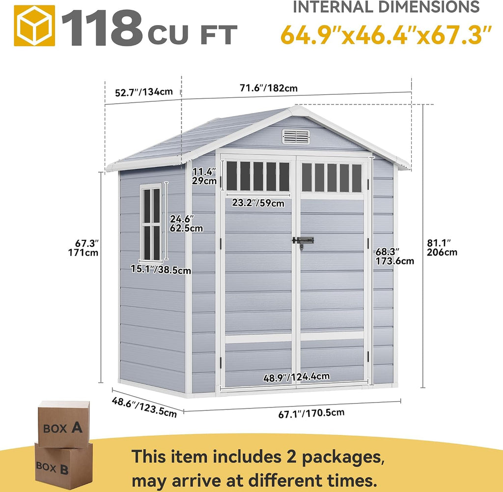DWVO 6x4.4 FT Resin Storage Shed with Fence-Style and Side Windows, Lockable Door, and Vents for Garden, Backyard, Patio, Lawn, Gray