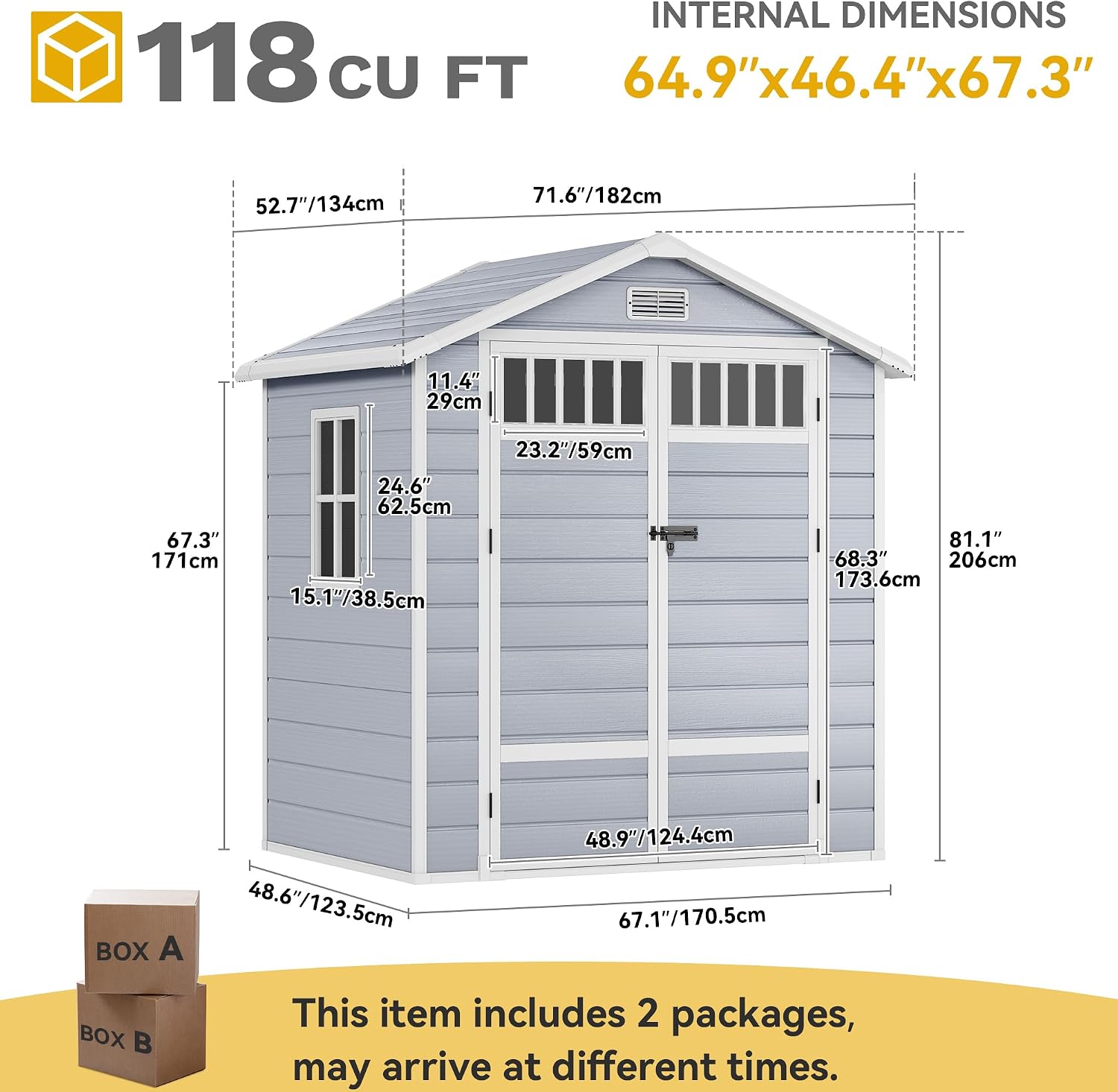 DWVO 6x4.4 FT Resin Storage Shed with Fence-Style and Side Windows, Lockable Door, and Vents for Garden, Backyard, Patio, Lawn, Gray