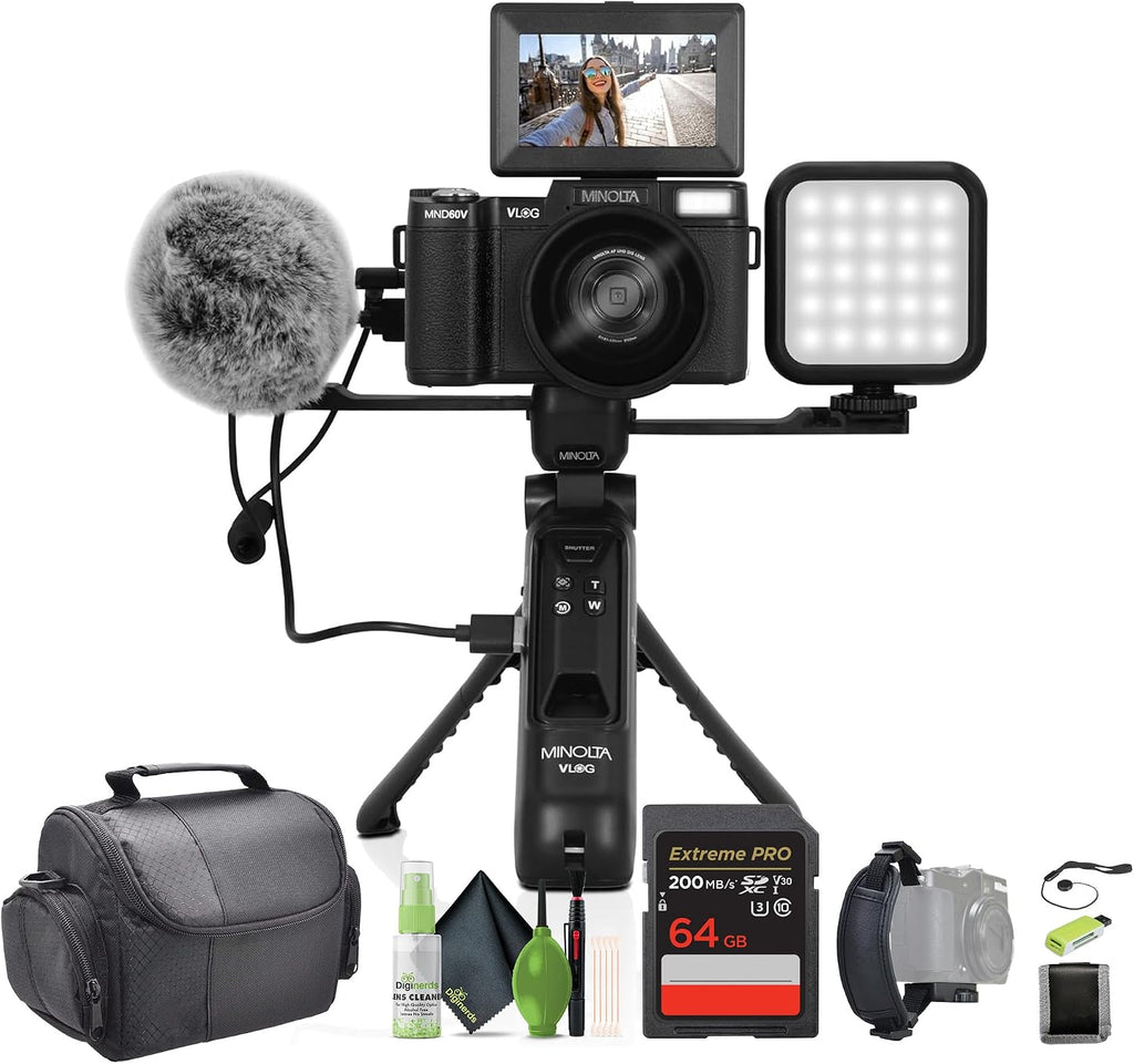 Minolta MND60V 64 MP Autofocus 4K Digital Vlogging Camera / 60FPS Ultra HD Vlogger & Content Creator's Kit (Black) Bundle with 64GB Memory Card + Vlog Tripod + More Accessories