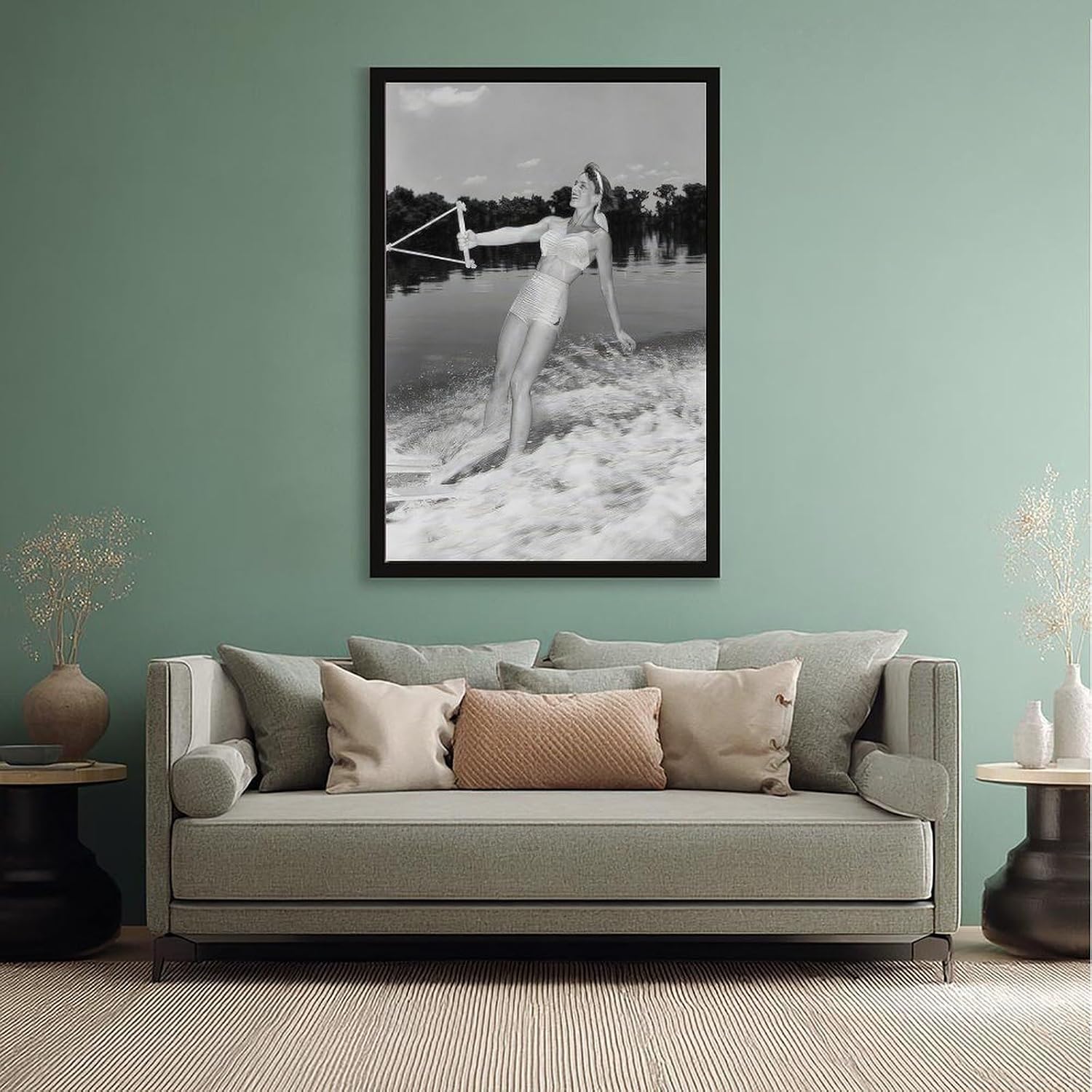 Woman Water Skiing on Lake, Vintage 1950s Photo, Funny, Black And White Poster Canvas Poster Wall Art Decor Print Picture Paintings for Living Room Bedroom Decoration Black Frame 24x36in(60x90cm)