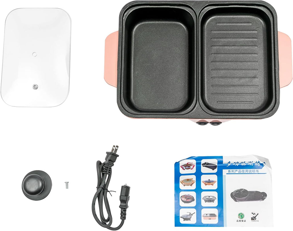 Hot Pot Electric Grill 2 in 1 Indoor Non-Stick Smokeless Grill with Dual Temperature Control, Portable Multifunctional for Korean BBQ, Serves 1-4 People
