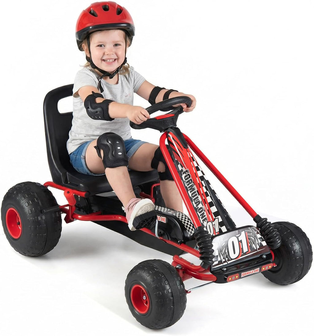 HONEY JOY Pedal Go Kart, 4 Wheeler Toddler Racing Ride On Pedal Car Toy, Forward/Backward, Ergonomic Seat, Handbrake, Steering Wheel, Outdoor Off-Road Go Cart for Kids, Boys Girls Gift (Red)