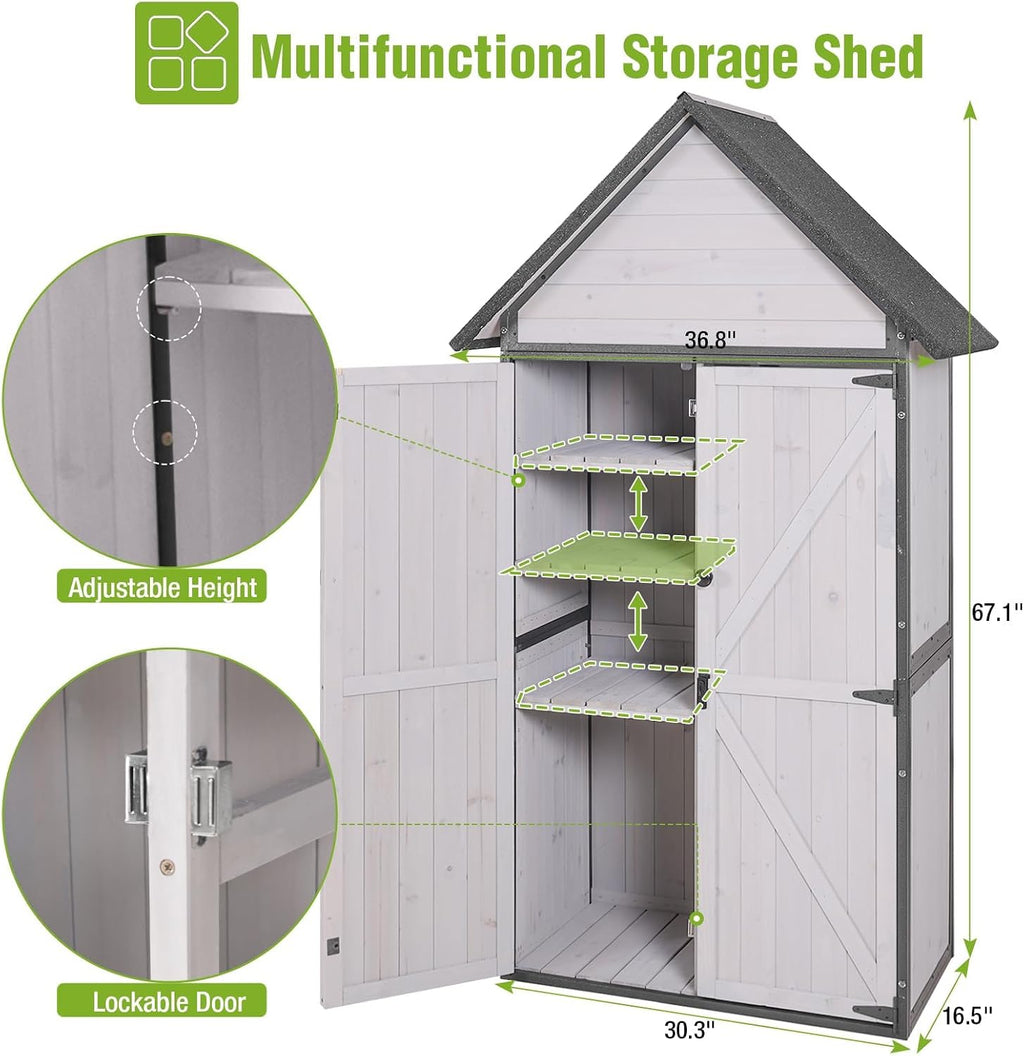 Outdoor Storage Sheds, Wooden Garden Cabinet with Metal Frame and Adjustable Shelves, Large Outdoor Shed with Floor, for Patio, Lawn and Backyard (White)