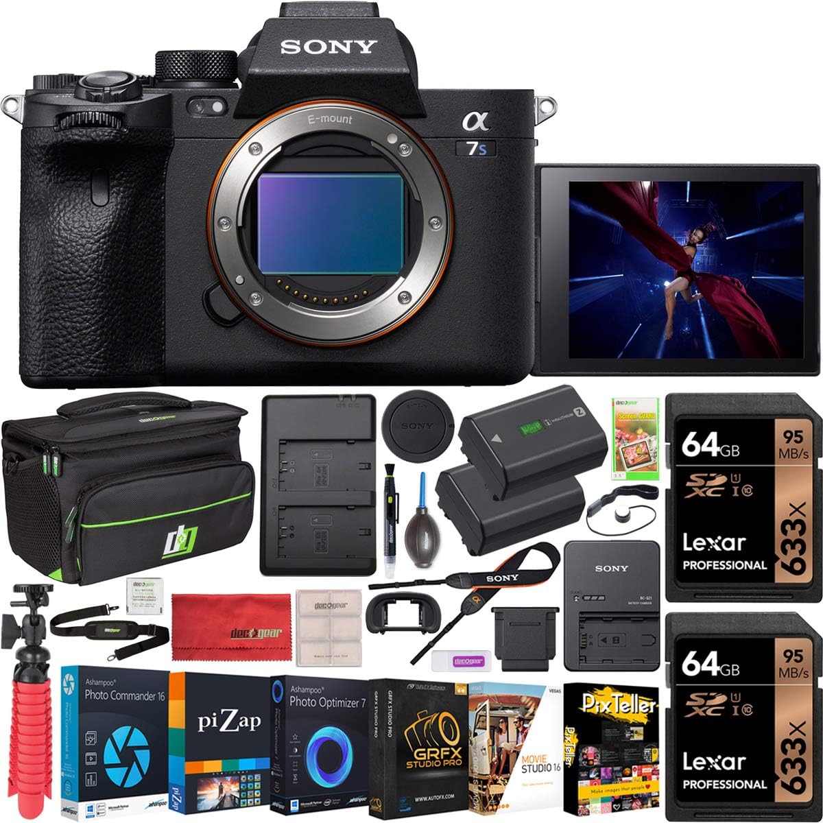 Sony a7s III ILCE-7SM3/B Mirrorless Digital Camera with 35mm Full-Frame Image Sensor Body Double Battery Bundle Including Deco Gear Carry Case + 2X 64GB Memory Card (128GB Total) and Kit Accessories