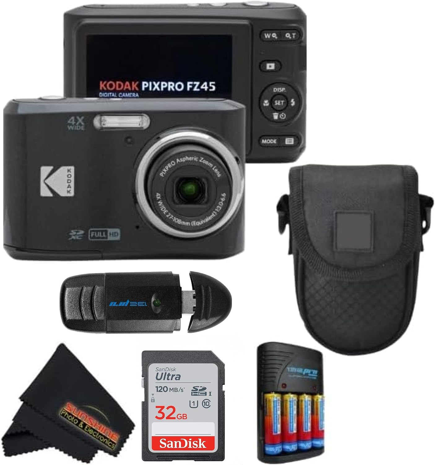KODAK PIXPRO FZ45 16MP CMOS Sensor Digital Camera 5X Optical Zoom with Sunshine Photo Microfiber Cleaning Cloth (Advanced Bundle, Black)