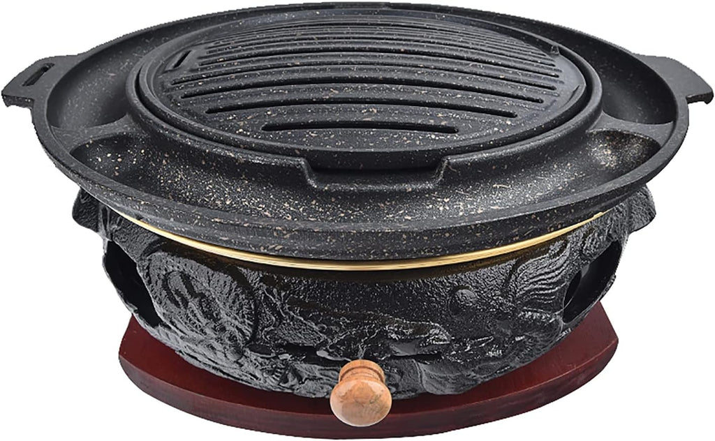 BBQ Barbeque Barbecue Grill, BBQ, Top Korean Smokeless Charcoal Dragon Pattern Cast Iron Grill, Stainless Steel Striped Plate, 18 Styles (Color : Q)