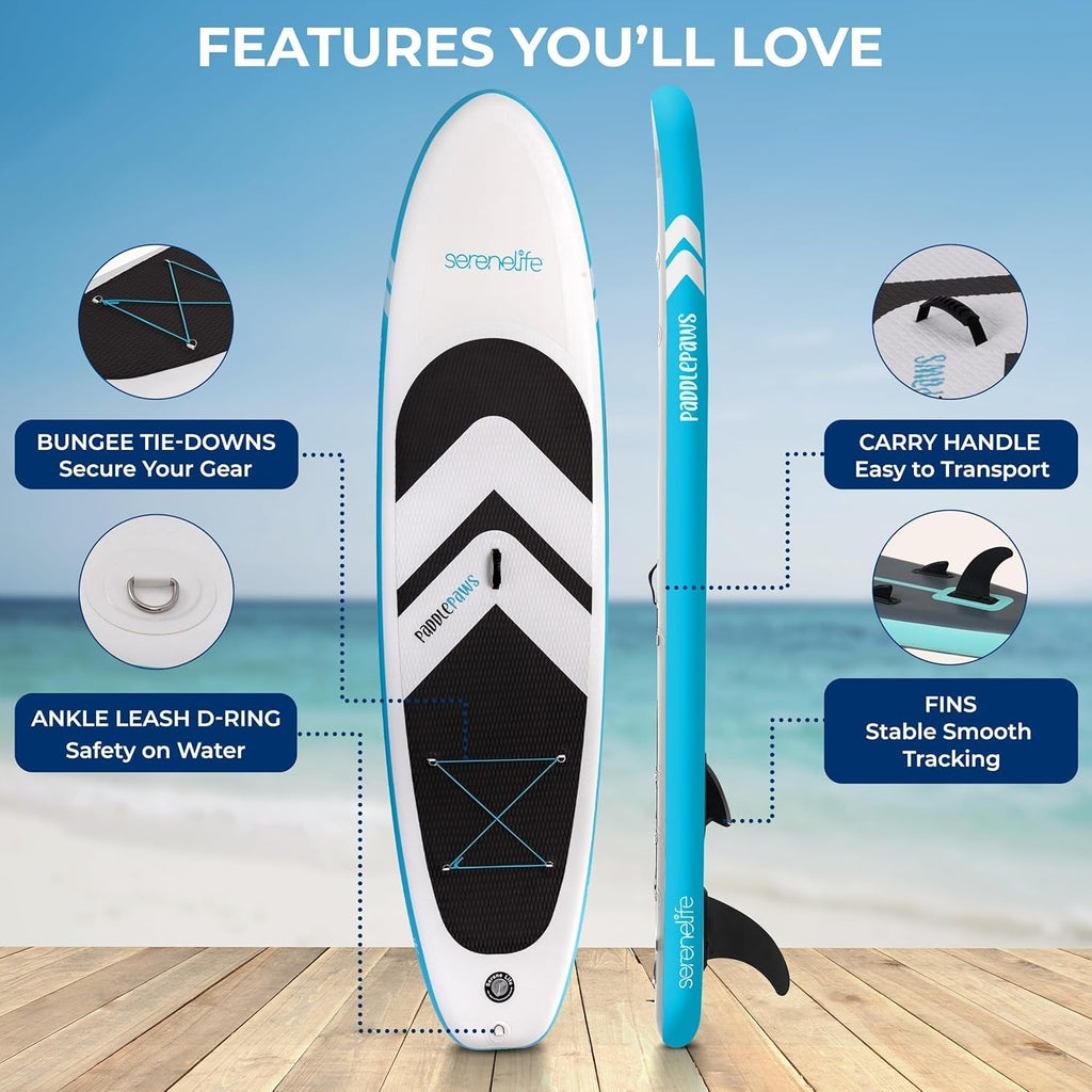 SereneLife XL Inflatable Stand Up Paddle Board - Pet-Friendly SUP for Adults and Pets - Extra-Wide Stable Design with Non-Slip EVA Deck Pad, Premium SUP Accessories, 440/485 lbs