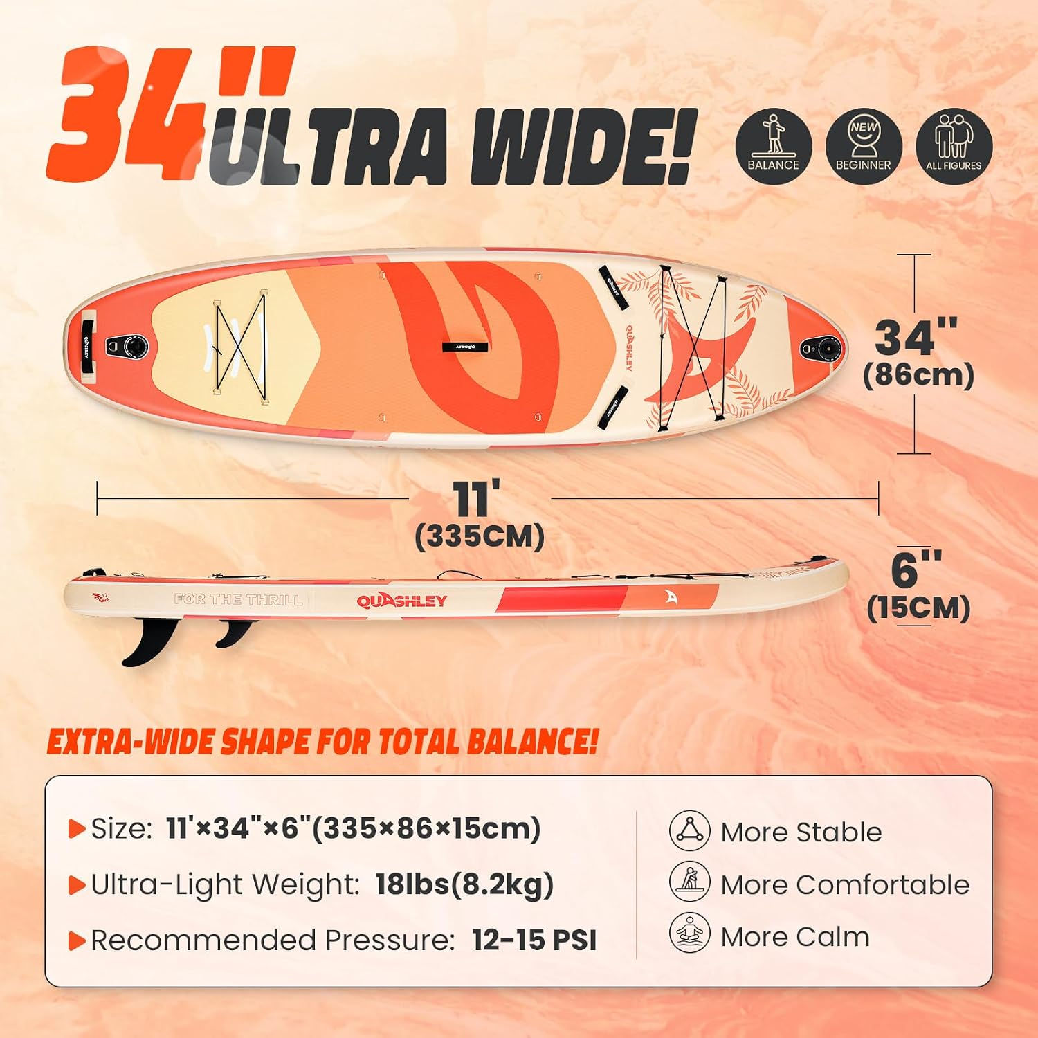Quashley Inflatable Paddle Board Extra Wide Stand Up Paddleboards 11'×34' with All Premium Paddle Board Accessories,Inflatable SUP for Adults/Family,Beginner-Friendly,Removable Fin,Hand Pump