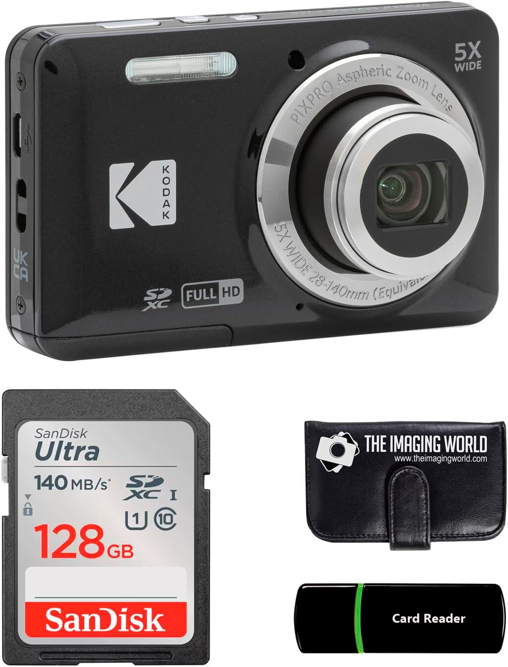 Kodak PIXPRO FZ55 Black 16MP Digital Camera 5X Optical Zoom 28mm Wide Angle 1080P Full HD Video 2.7' LCD Camera + 128GB Card and Reader + Memory Wallet
