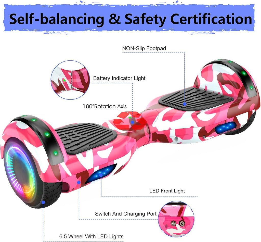 LIEAGLE Hoverboard, 6.5' Self Balancing Scooter Hover Board with Bluetooth Wheels LED Lights for Kids Adults