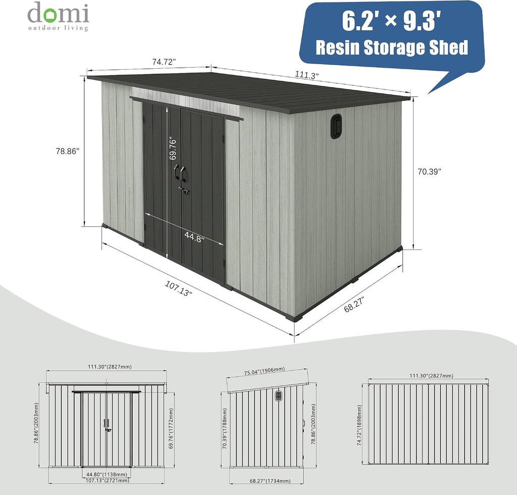 Domi 6x9FT Outdoor Resin Storage Shed with Transparent Windows & Louvered Vents, Plastic Tool Shed with Double Lockable Doors & Sloping Roof, Outside Garden Shed for Backyard, Patio, Lawn, Grey