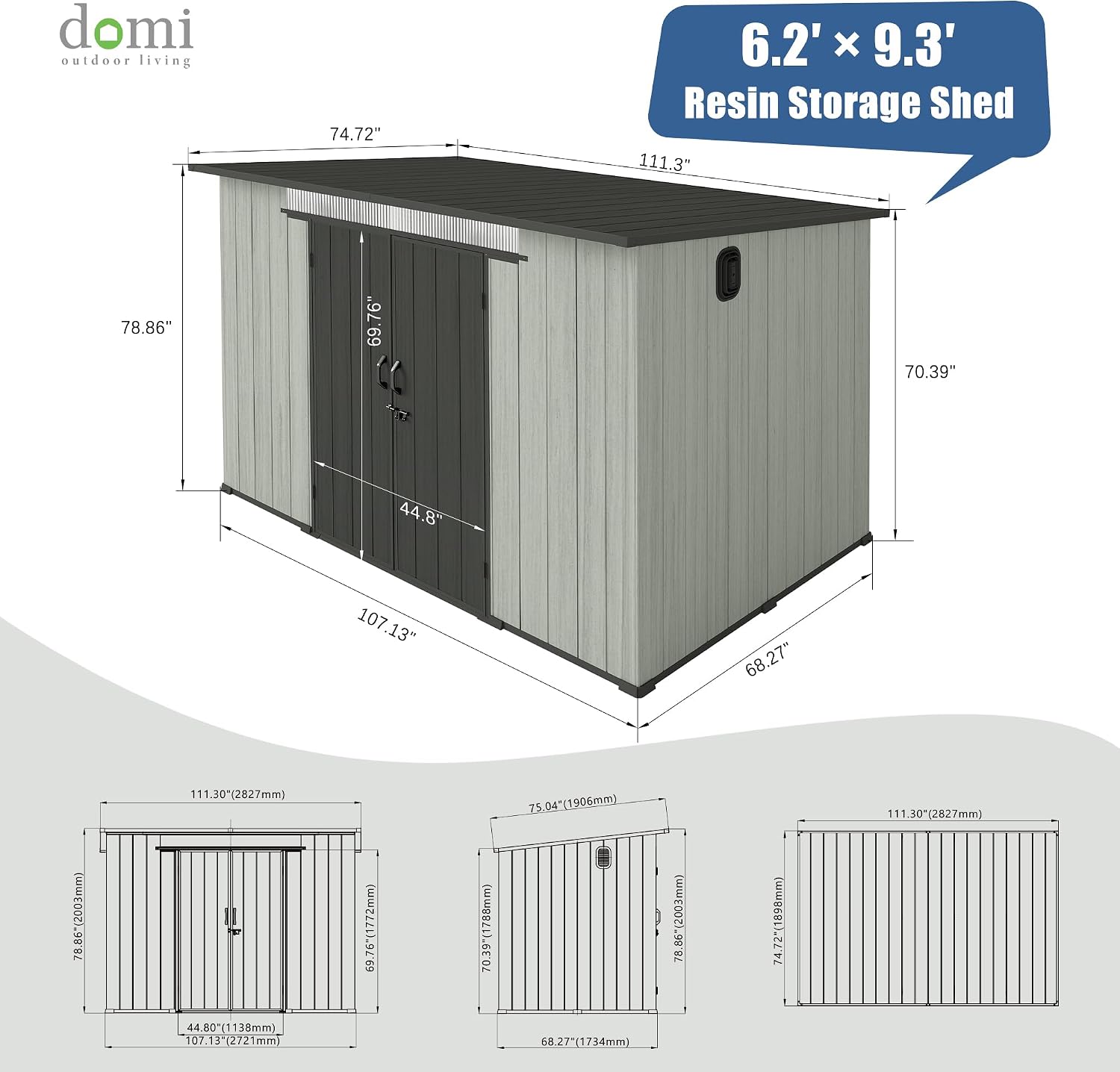 Domi 6x9FT Outdoor Resin Storage Shed with Transparent Windows & Louvered Vents, Plastic Tool Shed with Double Lockable Doors & Sloping Roof, Outside Garden Shed for Backyard, Patio, Lawn, Grey