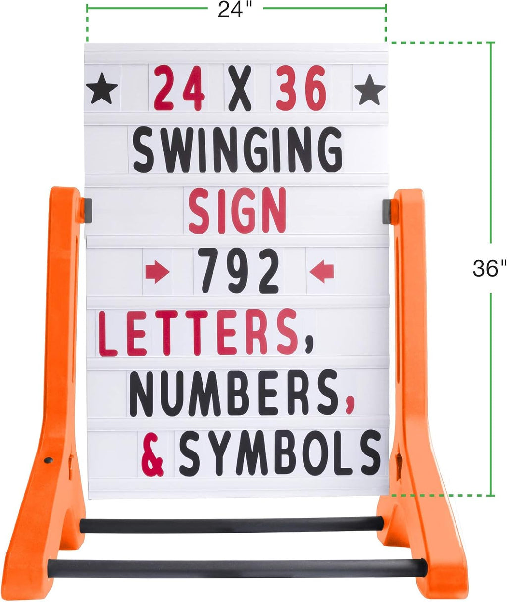 EXCELLO GLOBAL PRODUCTS Swinging Changeable Message Sidewalk Sign: 24' x 36' Sign with 792 Pre-Cut Double Sided Letters and Storage Box. Includes Black Board & Letter Board (Orange Color Legs)