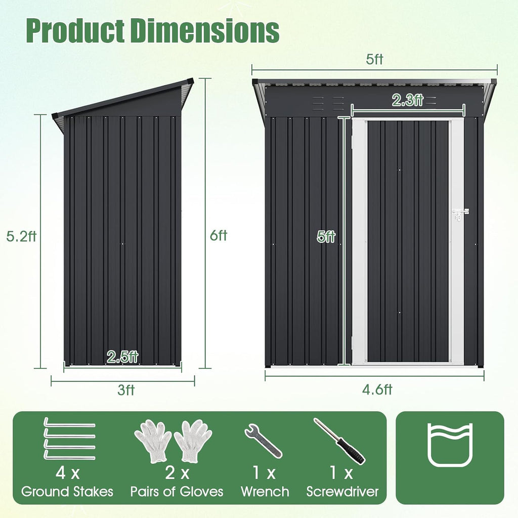 Goplus 5 x 3 FT Outdoor Storage Shed, Galvanized Metal Tool House w/Sloped Roof, 2 Vents, Lockable Door, Waterproof & Windproof Utility Tool Organizer for Garden, Backyard, Lawn, Patio, Gray