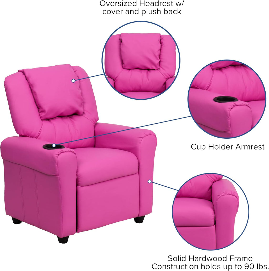 Flash Furniture Vana Vinyl Kids Recliner with Cup Holder, Headrest, and Safety Recline, Contemporary Reclining Chair for Kids, Supports up to 90 lbs., Hot Pink