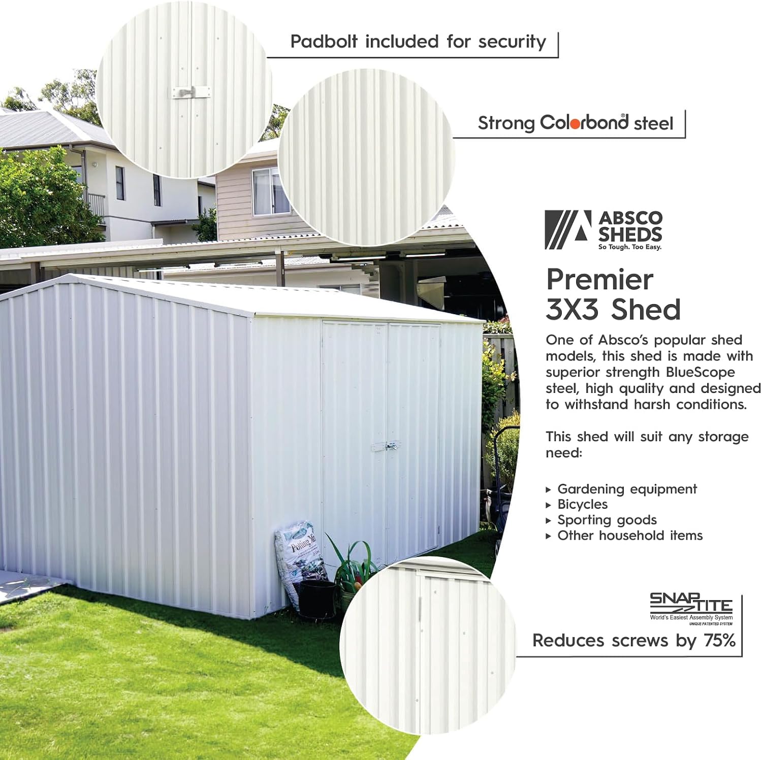 Absco Premier Storage Sheds, 10'x10' Metal Garage, DIY Backyard Shed, Utility Tool Storage, Weather & Wind Resistant Aluminum Panels & Steel Frame, Maintenance-Free, 12 Year Warranty, Surfmist White