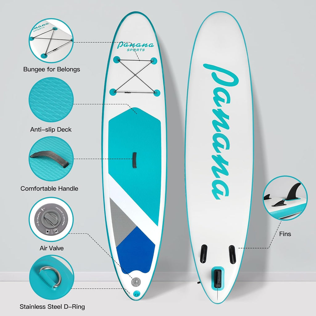 Panana Inflatable Stand Up Paddle Board 10'/10'8''x30''/32''x6'' iSUP Non-Slip Deck Paddleboard for Adults Beginners Youth, with Paddle Pump Fins Leash Backpack