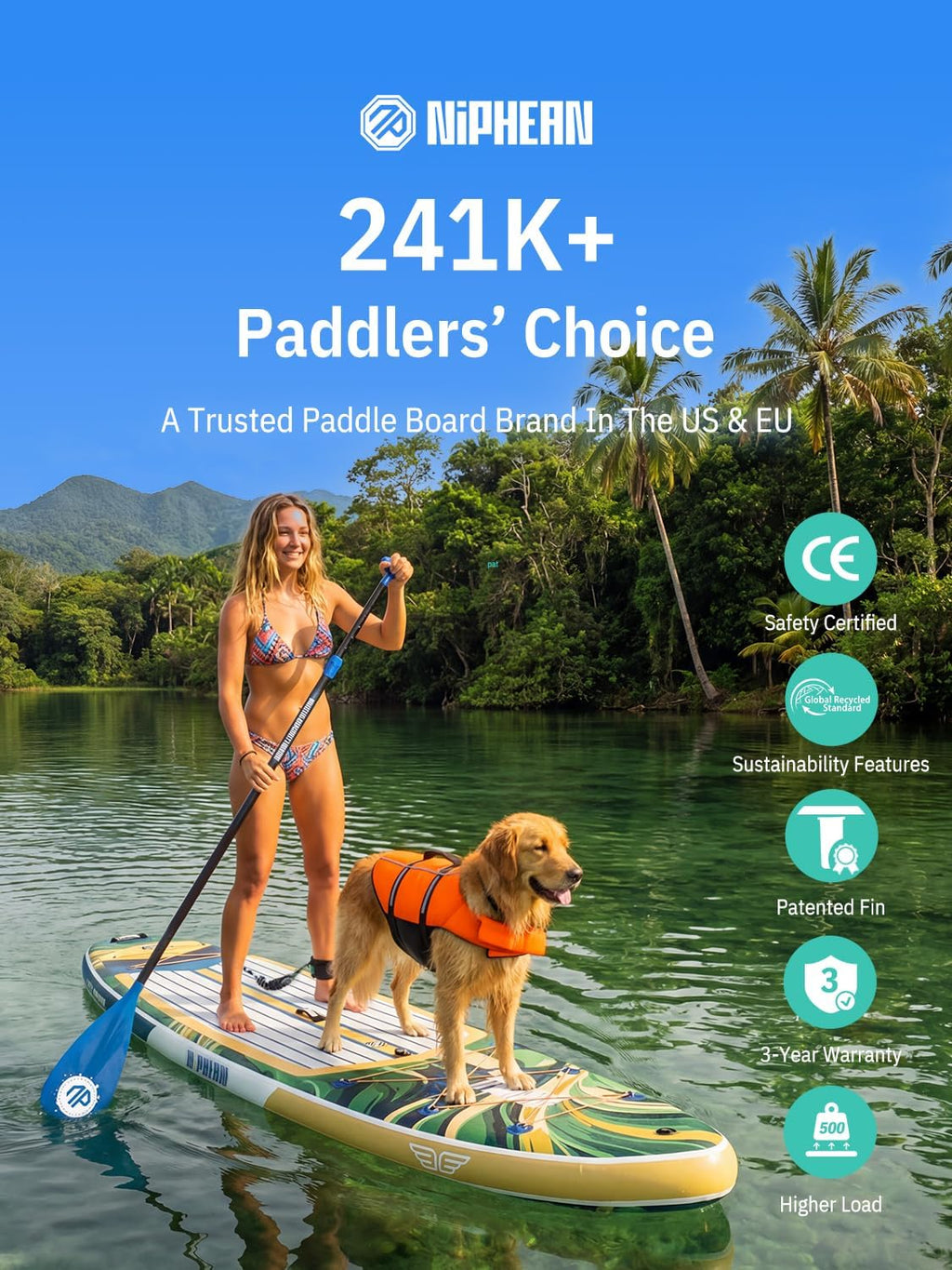 Niphean (Extra Large) Inflatable Paddle Board, SUP for 2+1 People/Family 500lbs Capacity Stand Up Paddle Board with SUP Accessories, StabilTrac Fin Non-Slip Paddleboard for Adults