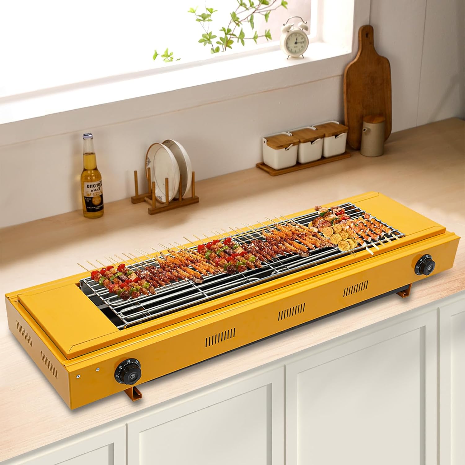 DYRABREST Electric Portable BBQ Grill 3000W Dual-Head Temperature Control Stainless Steel Griller with Large 31.6x20.5 Inch Cooking Surface, 110V Outdoor Grill for Steak, Chicken, Vegetables (Yellow)
