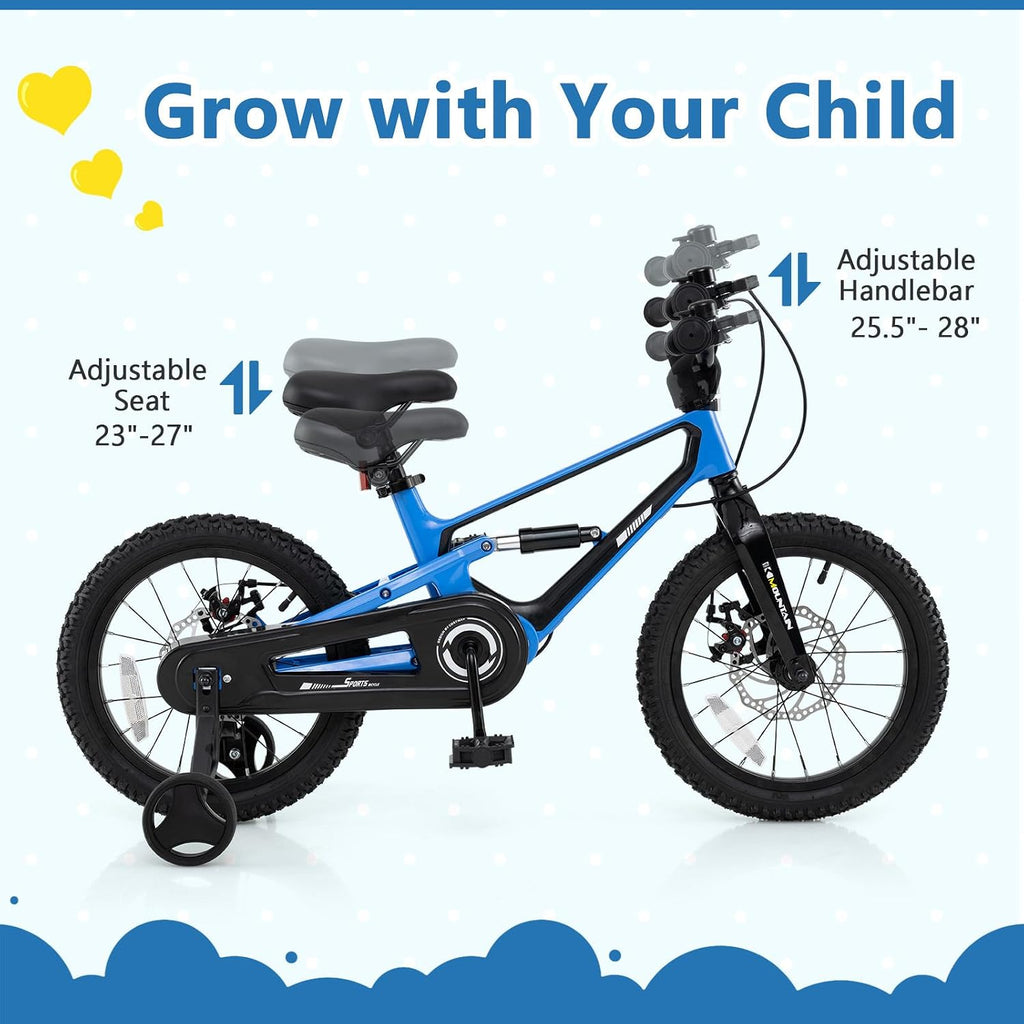 BABY JOY Kids Bike, 16' Magnesium Sporty Bicycle with Dual Disc Brakes, Removable Training Wheels, Body Suspension, Adjustable Handlebar & Saddle, Girls Boys Bike