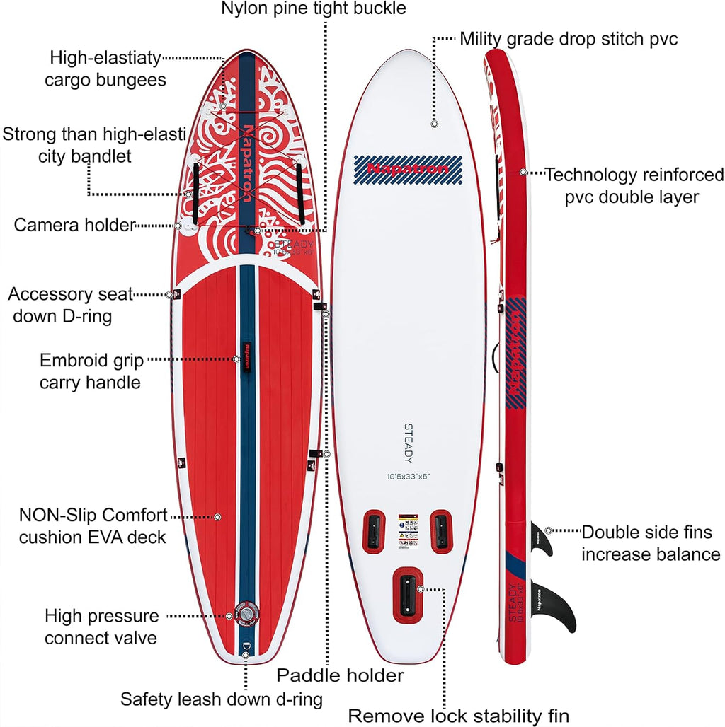 Napatron Inflatable Paddle Board, 10'6' Ultra Lightweight SUP with Adjustable Paddle, Anti-Slip Deck,Coiled Leash & Carry Bag,Stable All-Around Stand Up Paddle Board for Adults