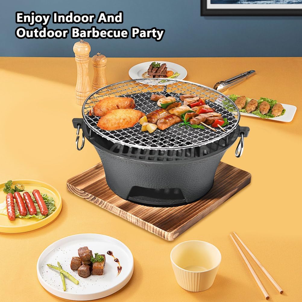 AIZYR Mini BBQ Grill, Portable Charcoal Stove Korean Tabletop Grill Barbecue Grill with Wooden Base for Outdoor Party Camping Picnics,28cm