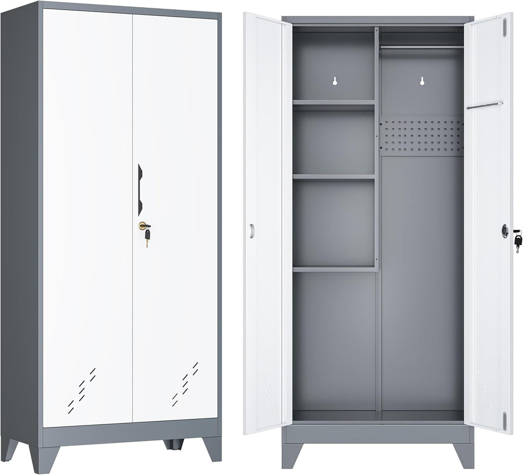 VASAAOSD 61' Broom Closet Storage Cabinet, Metal Storage Cabinet with Doors, Utility Cabinets for Brooms and Mops, Cleaning Tool Cabinets for Garage, Laundry Room, Bathroom (White)