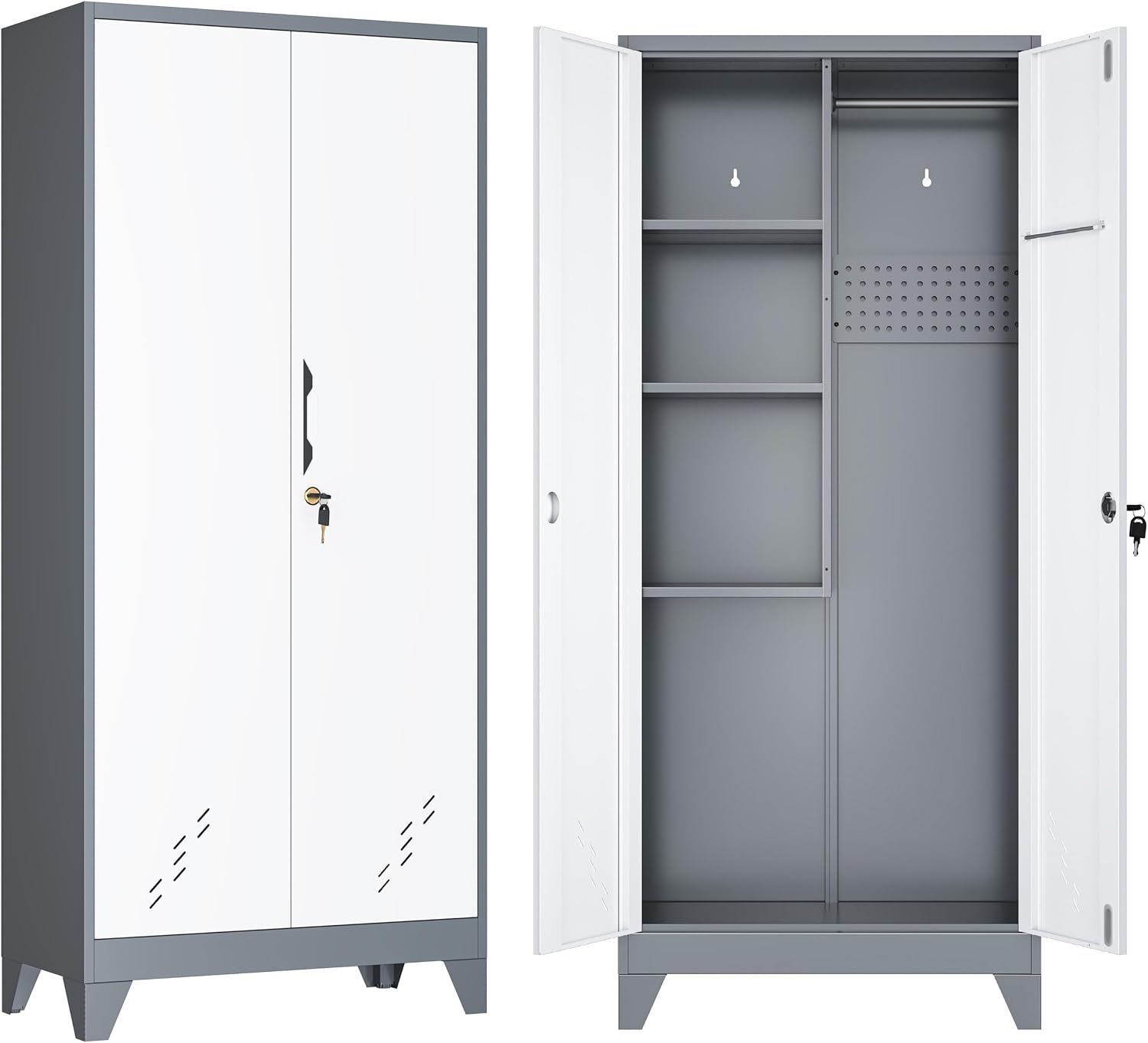 VASAAOSD 61' Broom Closet Storage Cabinet, Metal Storage Cabinet with Doors, Utility Cabinets for Brooms and Mops, Cleaning Tool Cabinets for Garage, Laundry Room, Bathroom (White)
