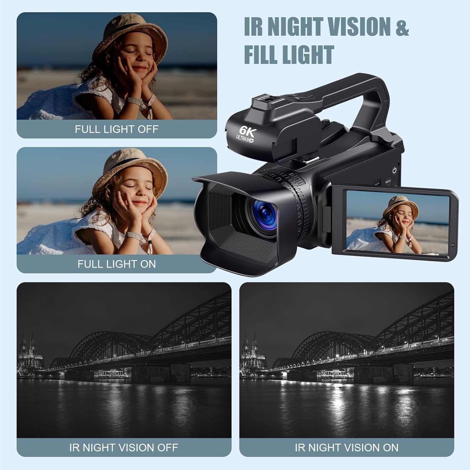 Camcorder Video Camera 6K 64MP IR Night Vision Vlogging Camera for YouTube 18X Digital Zoom 4.0 Inch Touch Screen Video Camera with WiFi, Microphone, Remote Control, 64GB SD Card,Stabilizer