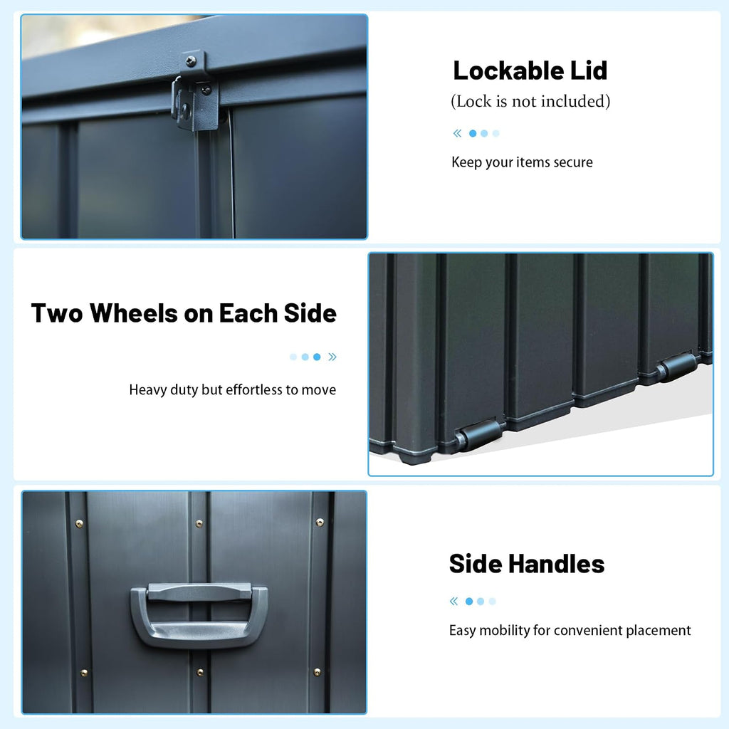 Outdoor Storage Box 100 Gallon, Waterproof Steel Deck Box, Large Patio Furniture Storage Cabinet, Lockable Storage Bench for Porch Package Delivery, Cushions, Pool, Tools- Dark Grey