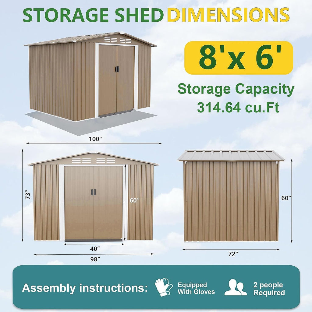 Gotland 8FT x 6FT Sheds & Outdoor Storage, Metal Shed with Sloped Steps Waterproof Sloped Roof, Storage Shed with 2 Lockable Slide Doors, Outdoor Shed for Backyard Patio Lawn Brown