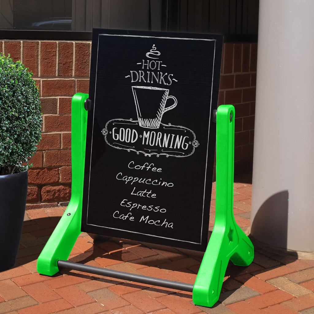 EXCELLO GLOBAL PRODUCTS Swinging Changeable Message Sidewalk Sign: 24' x 36' with 792 Pre-Cut Double Sided Letters and Storage Box. Includes Black Board & Letter Board (Green Color Legs)