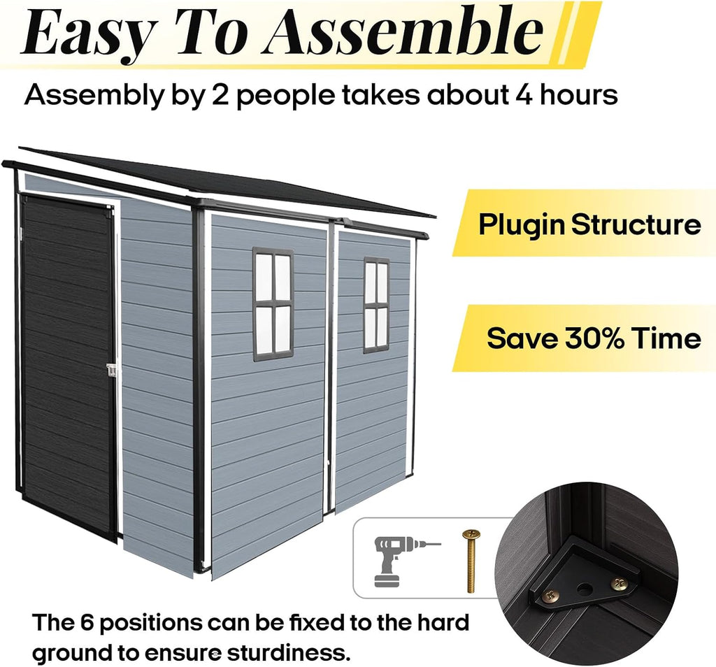 4x8 FT Lean to Shed with Floor, Resin Storage Shed & Outdoor Storage Clearance with 2 Windows, Backyard Storage Sheds for Garden, Patio, Backyard, (Black+Grey)