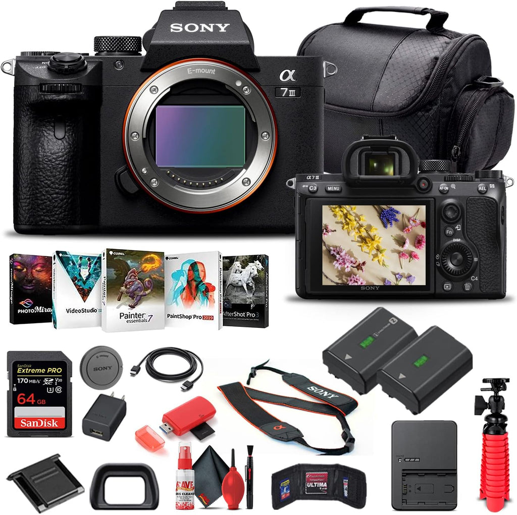 Sony Alpha a7 III Mirrorless Digital Camera (Body Only) (ILCE7M3/B) + 64GB Memory Card + NP-FZ-100 Battery + Corel Photo Software + Case + External Charger + Card Reader + HDMI Cable + More (Renewed)