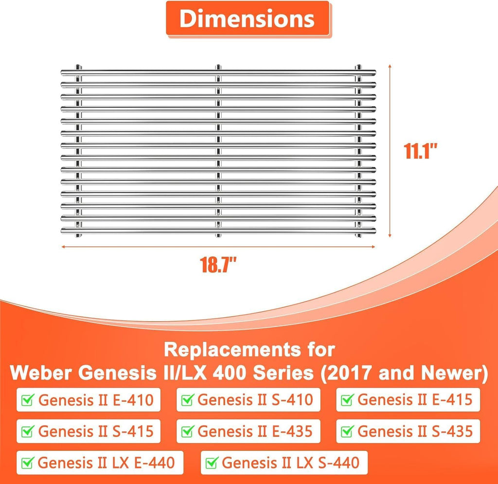 QuliMetal SUS304 9MM Grill Grates for Weber Genesis II E-410/E-415/E-435, Grill Parts for Genesis II/LX E-440 Series Gas Grills, 304 Stainless Steel Grill Grates Parts for Weber GS4 66089 66097