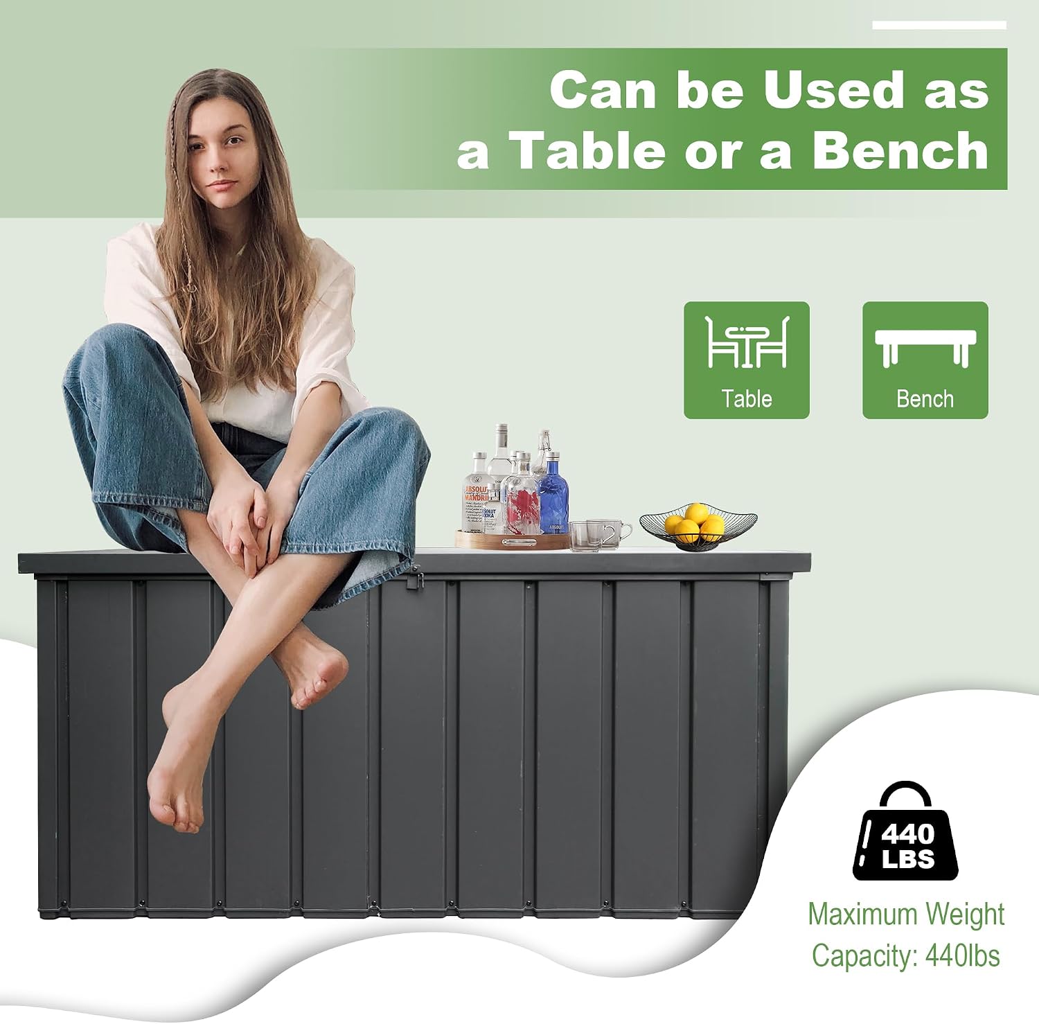 Domi 100 Gallon Deck Box, Outdoor Metal Lockable Storage Cabinet, Waterproof Steel Outdoor Bench with Lockable Lid, Side Handles & Rolling Casters for Outside Cushions, Pillows, Garden Tools, Grey