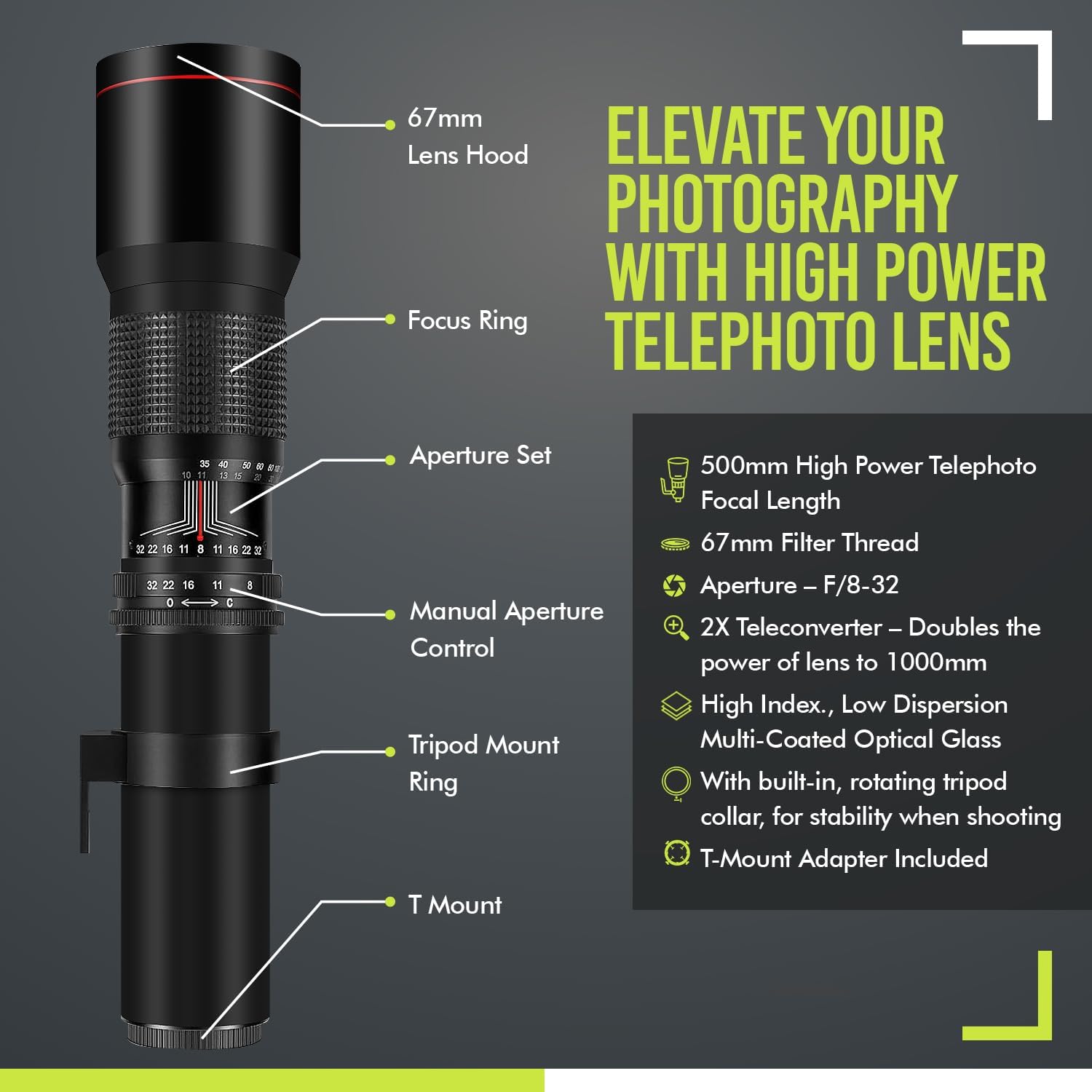 High-Power 500mm/1000mm f/8 Manual Telephoto Lens for Canon EOS 80D, 90D, Rebel T3, T3i, T5, T5i, T6i, T6s, T7, T7I, T8I, SL3, 60D, 70D, 5D, EOS5D IV, 6D II, 7D II SLR Cameras