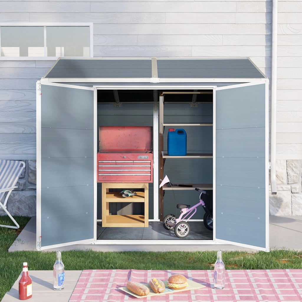 YOPTO 8x4 FT Outdoor Storage Shed,Garden Shed with Floor & 2 Windows,All Weather Waterproof Tool House W/Air Vent,Sloped Roof & Lockable Double Door,for Patio,Yard,Lawn,Grey