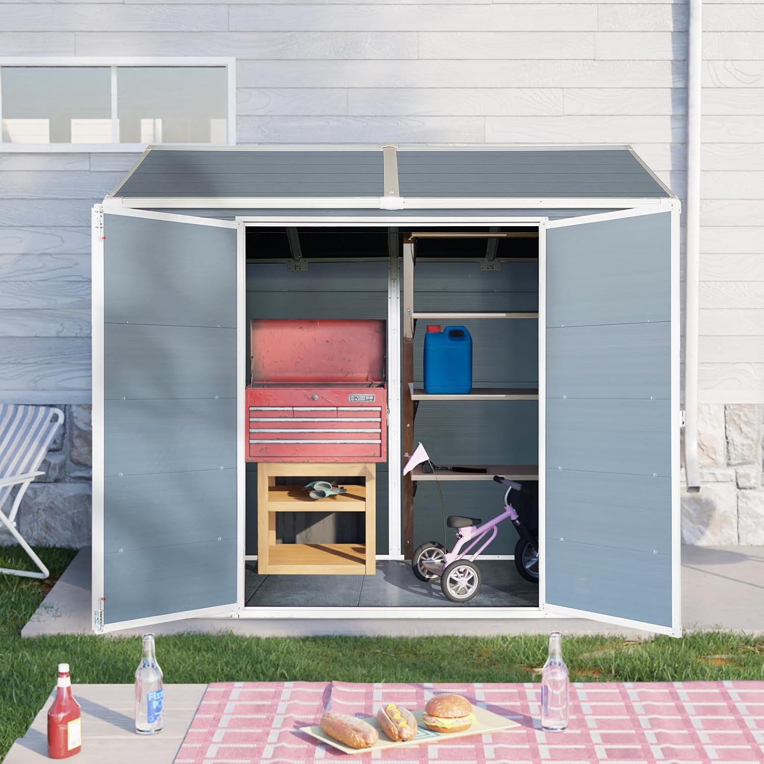 YOPTO 8x4 FT Outdoor Storage Shed,Garden Shed with Floor & 2 Windows,All Weather Waterproof Tool House W/Air Vent,Sloped Roof & Lockable Double Door,for Patio,Yard,Lawn,Grey