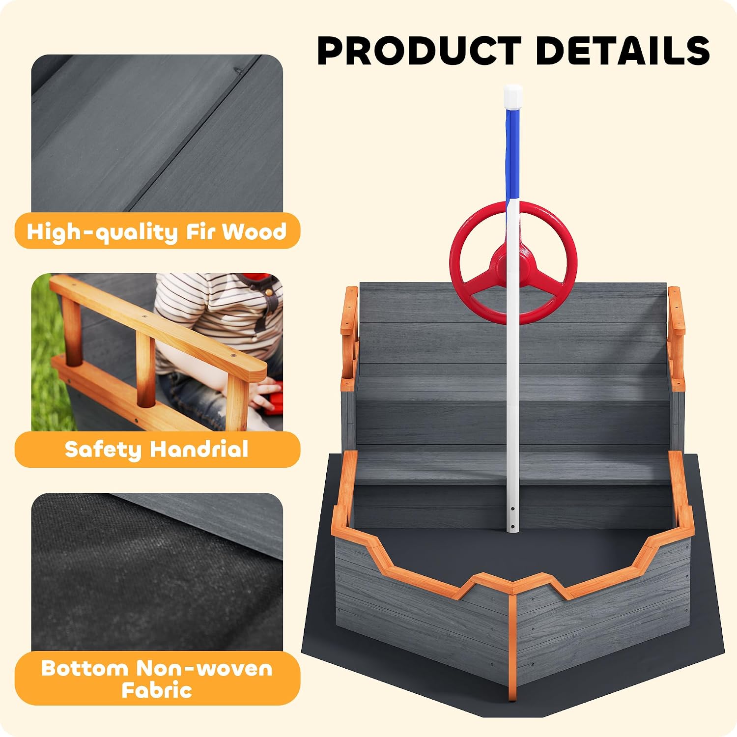 Outsunny Wooden Kids Sandbox, Ship-Shape Outdoor Sandboat with Bench Seats, Storage, Non-Woven Fabric Cloth for Backyard, Lawn, Dark Gray