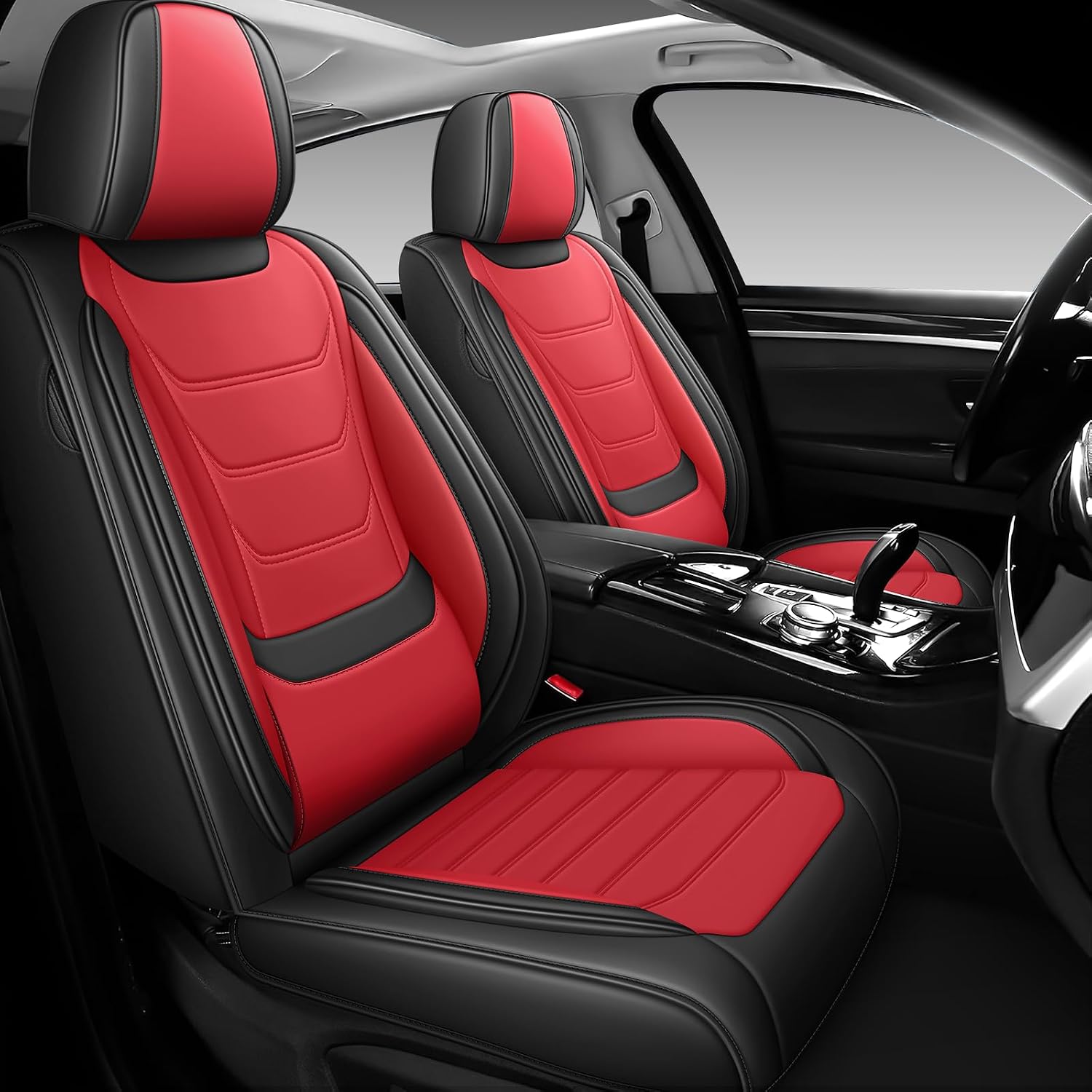 DHAEY Car Seat Covers for Volkswagen Atlas 2018-2025, Family Seat Covers, Nappa Leather, Wear-Resistant, Anti-Slip, Waterproof, 5PCS Full Set, Black Red