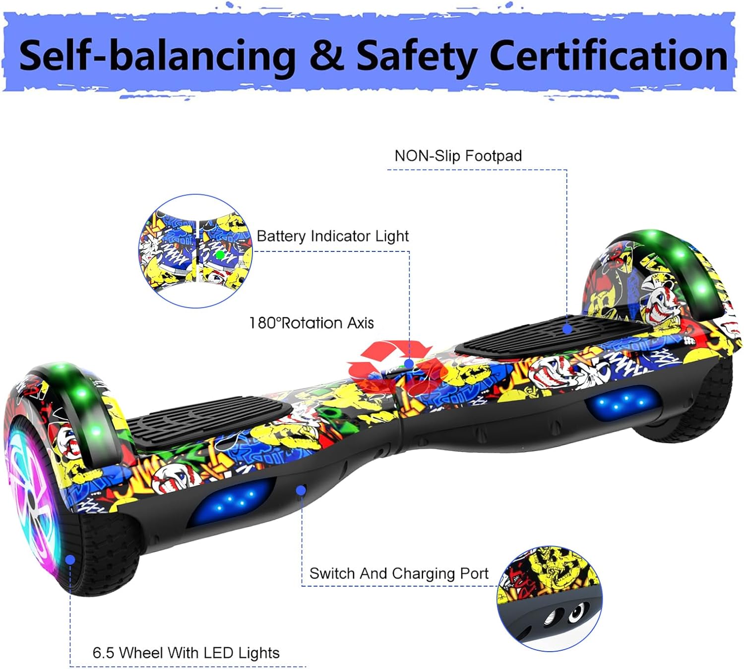 LIEAGLE Hoverboard, 6.5' Self Balancing Scooter Hover Board with Bluetooth Wheels LED Lights for Kids Adults