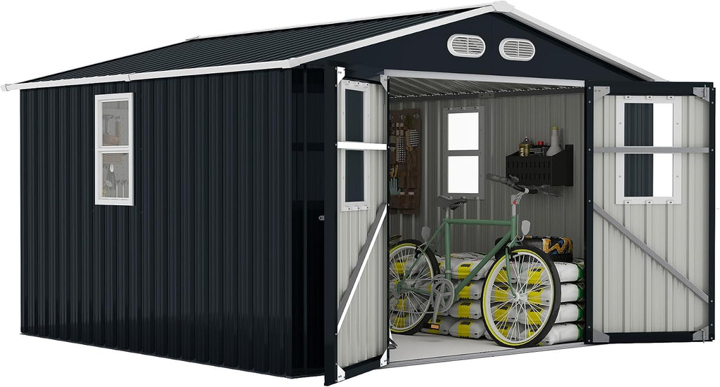YOPTO 8x8 SF Outdoor Storage Shed,Metal Shed with Lockable Doors & 4 Daylight Windows,Garden Tool Shed w/Air Vents & Sloped Roof, Ideal for Backyard,Patio,Lawn,Dark Gray