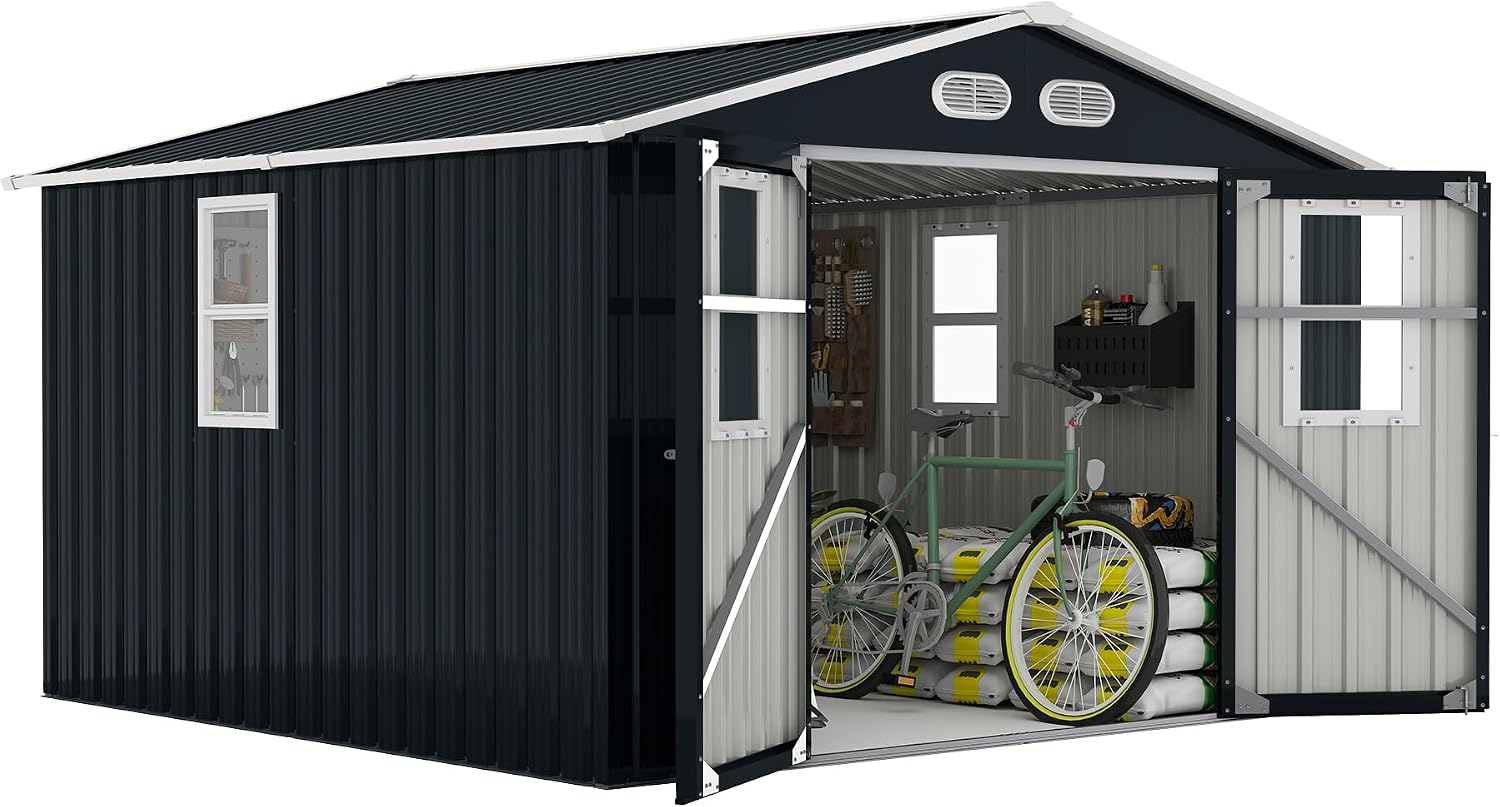 YOPTO 8x8 SF Outdoor Storage Shed,Metal Shed with Lockable Doors & 4 Daylight Windows,Garden Tool Shed w/Air Vents & Sloped Roof, Ideal for Backyard,Patio,Lawn,Dark Gray